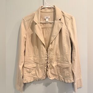 LOFT Khaki Ruffle-Trim Cotton Blazer Jacket